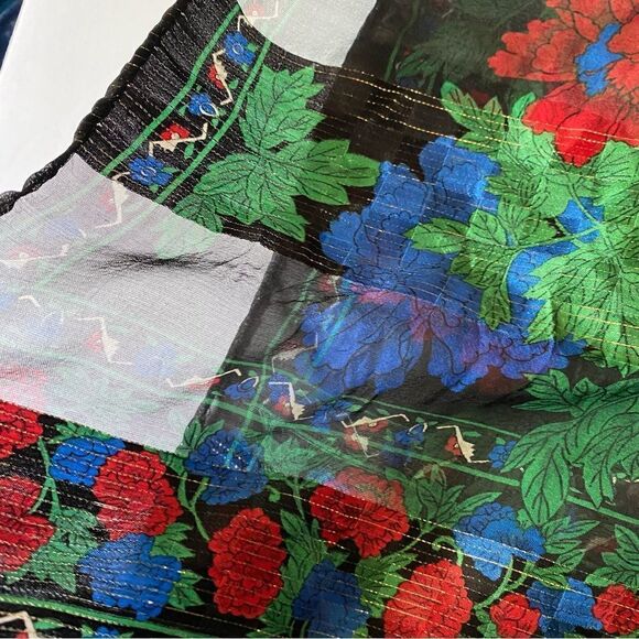 Bold bright blue red floral print pattern scarf silky wrap gold threating 11x54 - Picture 3 of 5